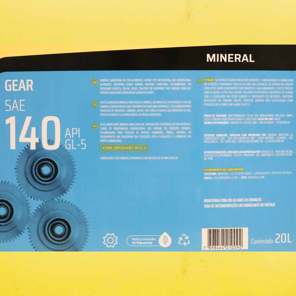Óleo Gear EP SAE 140 GL-5 20L Menzoil GL5140 - Agrotrator